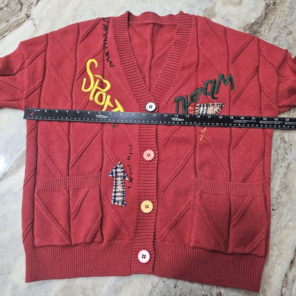 Ebossy Red Embroidered Cardigan Sweater Colorful Buttons Women’s Large - Picture 7 of 9